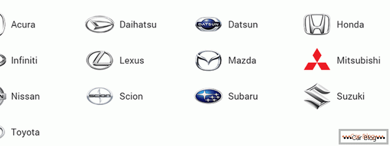 kde najdete všechny značky japonských automobilů a jejich ikony s jmény a fotografiemi
